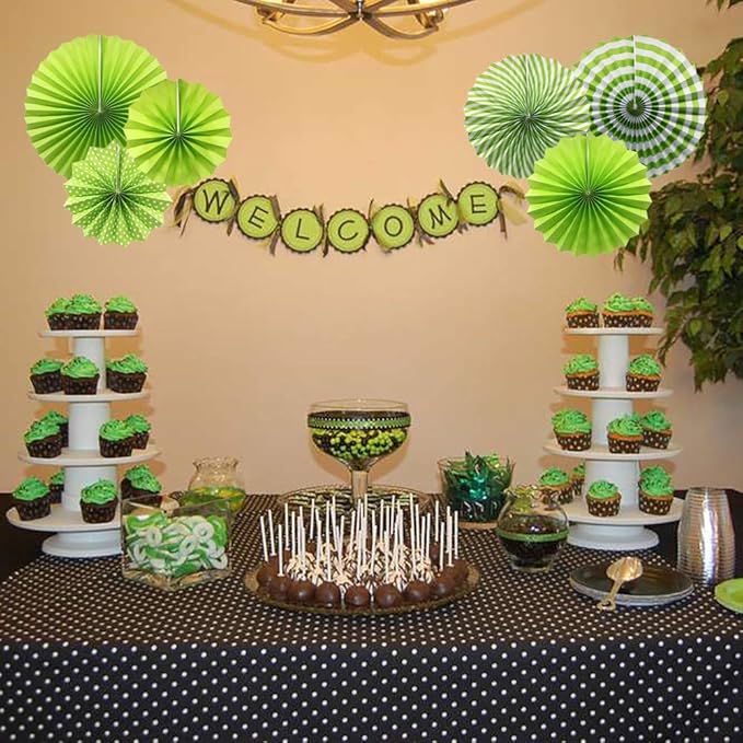 ADLKGG Party Hanging Paper Fans Set, Green Round Pattern Paper Garlands Decoration for Birthday Wedding Graduation Events Accessories, Set of 6