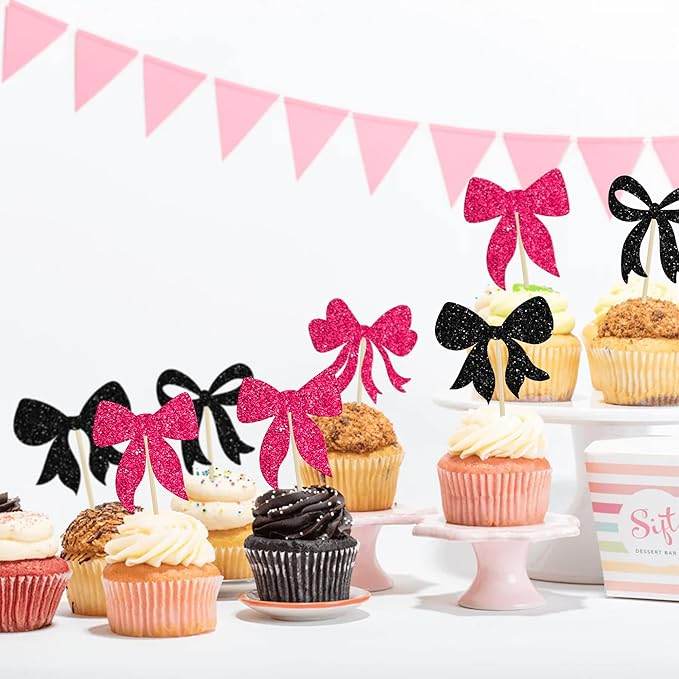 Gyufise 36Pcs Bow Cupcake Toppers Glitter Bowknot Cupcake Picks Bow Tie Birthday Decorations Bow Cake Toppers for Bridal Baby Shower Bachelorette Party Supplies Black Rose Red