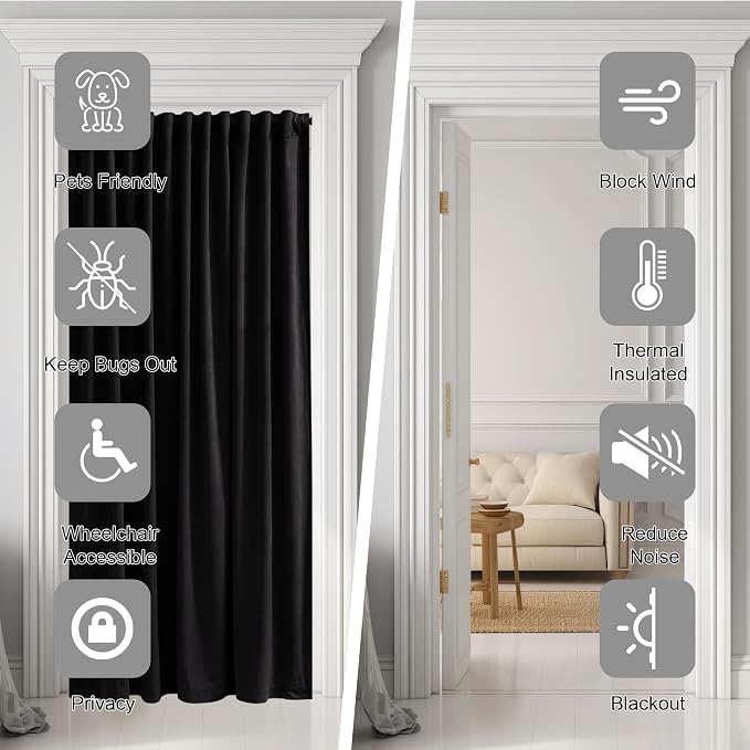 Black Velvet Curtain for Sliding Door Covering Back Tab Blackout Thermal - Image 4