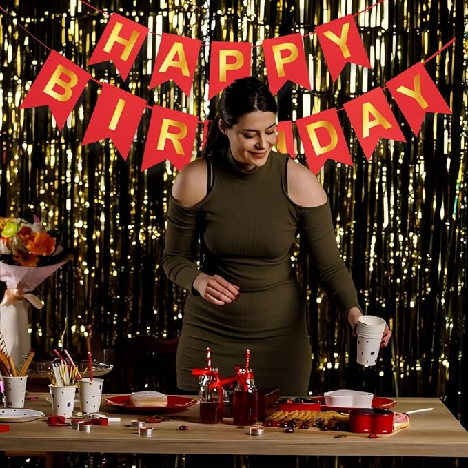 Red Happy Birthday Banner - 16 ft Pre-Strung Gold & Red Birthday Party - Image 6