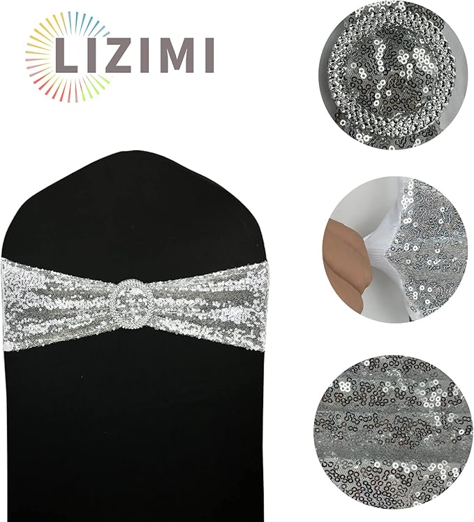 10 Pcs Chair Sashes Sequin Stretch Chair Bands Spandex Polyester Bows for Party Hotel Wedding Banquets Decoration -Silver