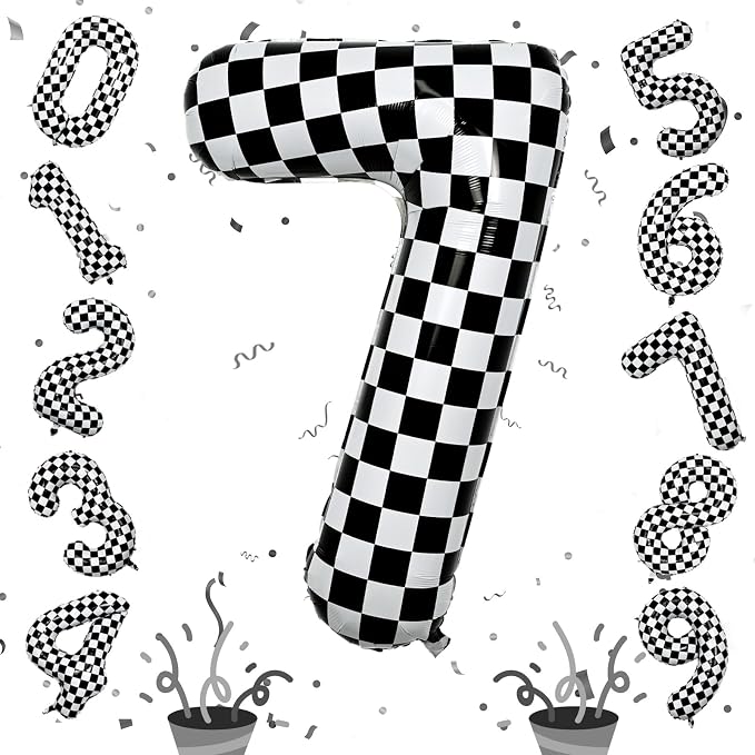 Number 7 Balloon for Boys, Giant Checkered Self Inflating Number 0-9 Set Decor by Isndare