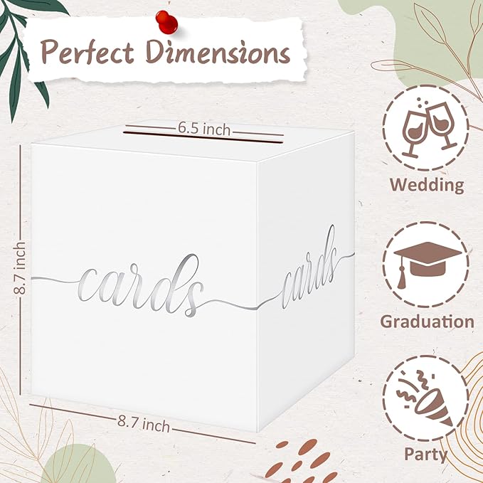 QIKSION White Wedding Card Box, Silver Foil Gift Card Box for Party, Wedding Reception, Graduation, Birthday, Baby Shower, Raffle