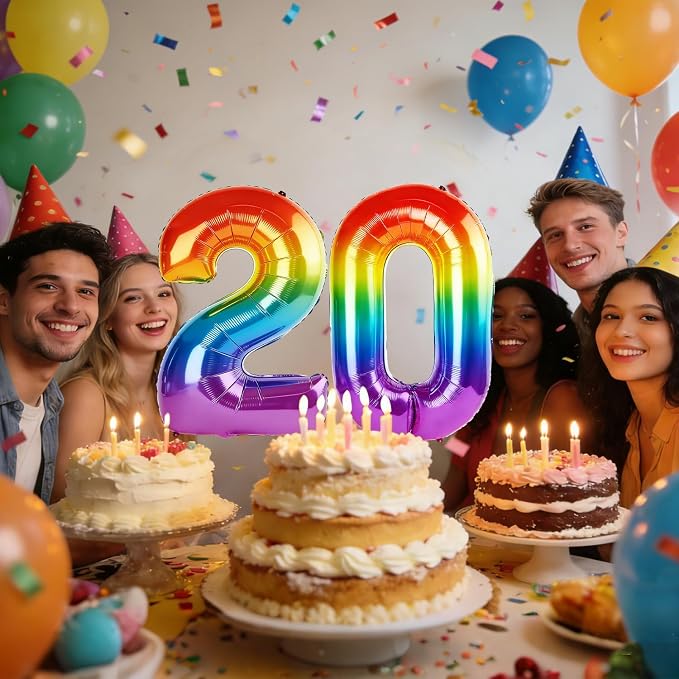 40 Inch Number 20 Balloons for 20th Birthday Party Decorations, 0-100 Rainbow - Image 2