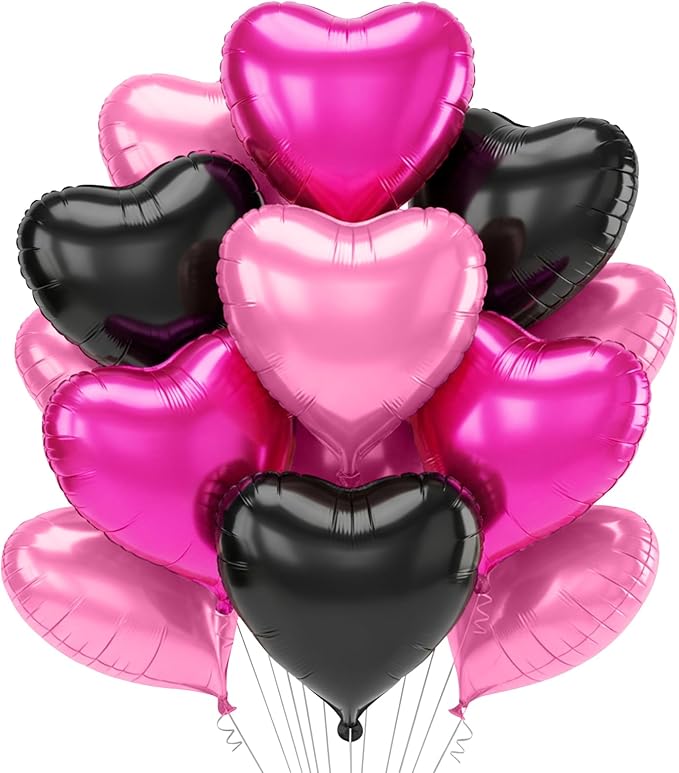 TONIFUL 30 Pcs 18 Inch Pink Black Hot Pink Heart Shape Foil Mylar Balloons | by TONIFUL