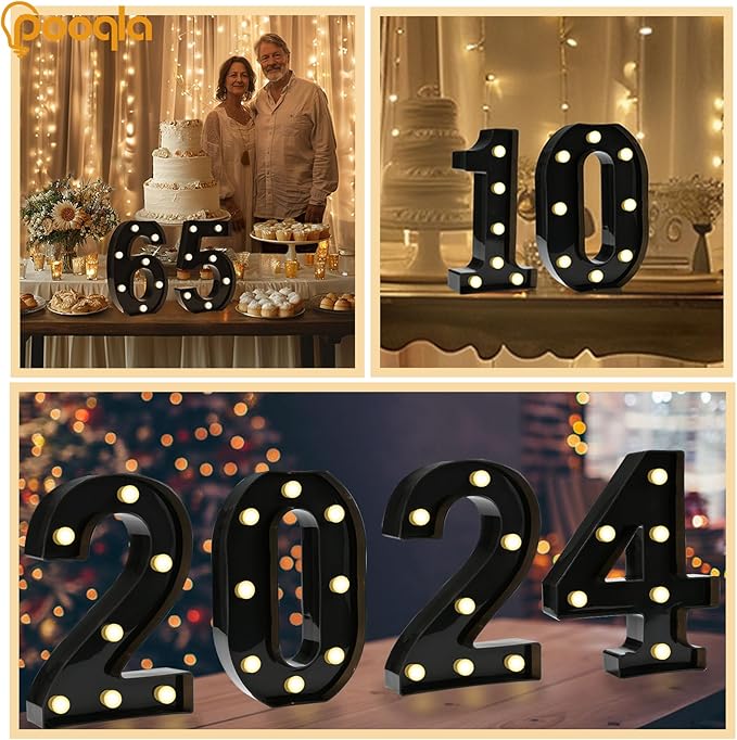 Pooqla Decorative Led Light Up Number Letters, Black Plastic Marquee Number Lights Sign for 10th 50th Birthday Party Wedding Decor Battery Operated Black Number 0