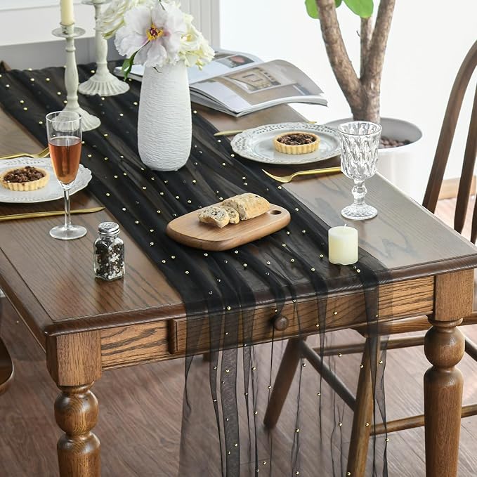 Artoid Mode Pearl Black Gauze Table Runner 59x120 Inch, Seasonal Sheer Kitchen - Image 3