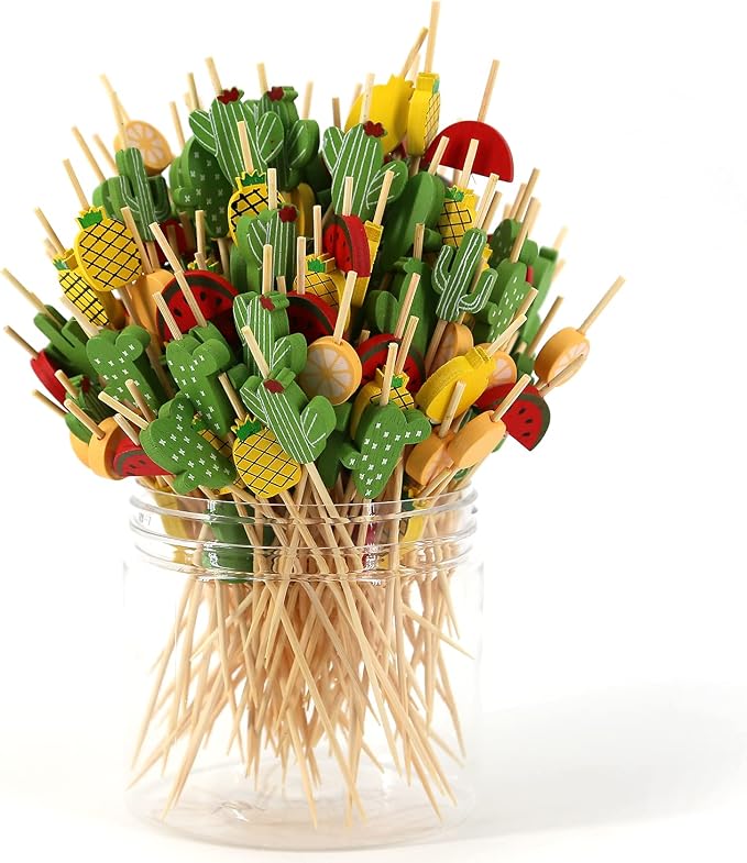 Bamboo Cocktail Picks 200 Pack – Tropical Fruit Toothpicks 4.7 Inch Cocktail by PARTYHIPPO