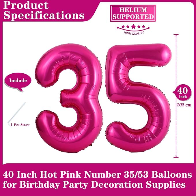 Hot Pink 35 Number Balloons, 40 Inch Giant Number 35 Balloons Foil Mylar Helium - Image 2