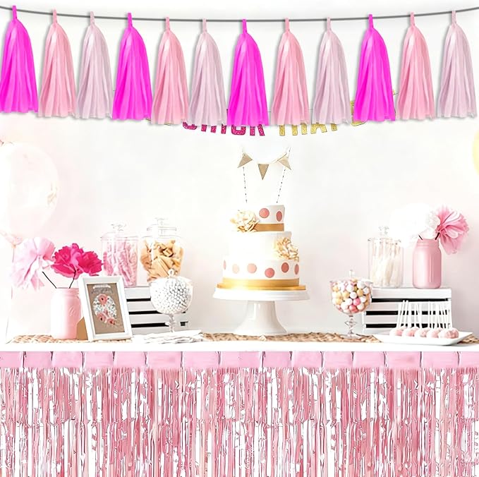 3P Maca-Rose Red Pink LightPink Tassel Banner Garland Foil Fringe Banner Tinsel - Image 4