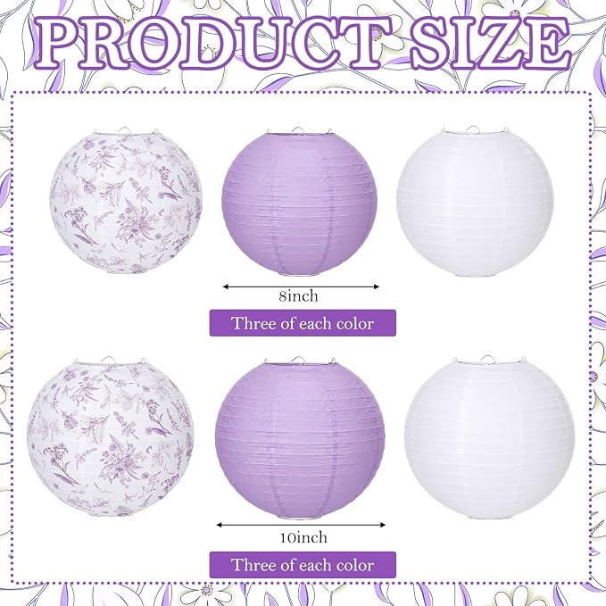 Riakrum 18 Pcs Floral Paper Lantern Set 10" 8" Purple and White Round Lantern - Image 2