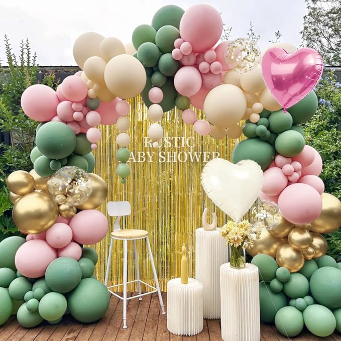 Sage Green Pink White Gold Balloons Garland Arch Kit - Image 5