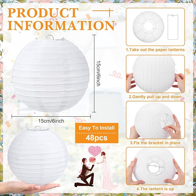 Treela 48 Pack White Chinese Japanese Paper Lanterns Decorative Hanging Round - Image 3