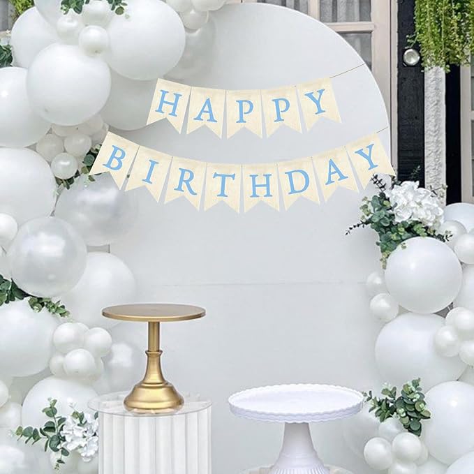 Light Blue Happy Birthday Banner Pre-strung Burlap Bunting Party Backdrop Sign - Image 3