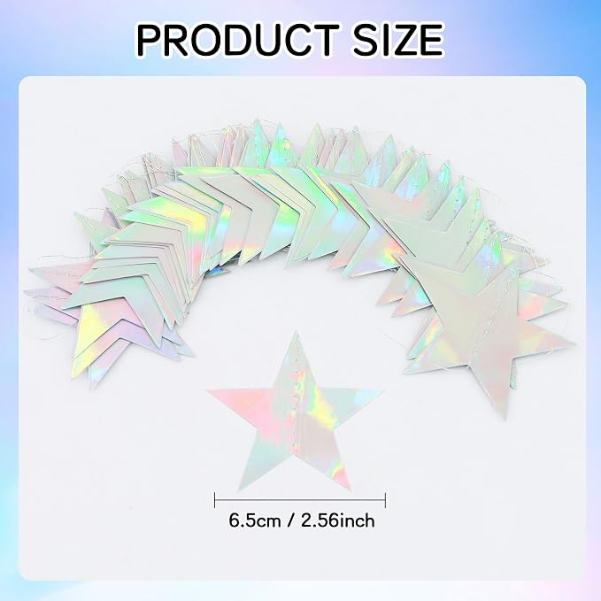 BEISHIDA Glitter Star Garland Iridescent Holographic Party Decor Twinkle Star - Image 2