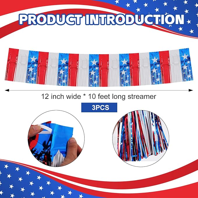 BEISHIDA Star Fringe Garland Banner 3Pack 30ft Wall Tinsel Foil Streamers | Red - Image 2