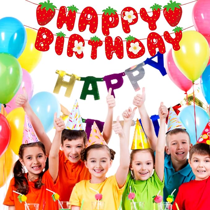 MEETINGU Strawberry Happy Birthday Banner, Strawberry Themed Birthday Party - Image 7