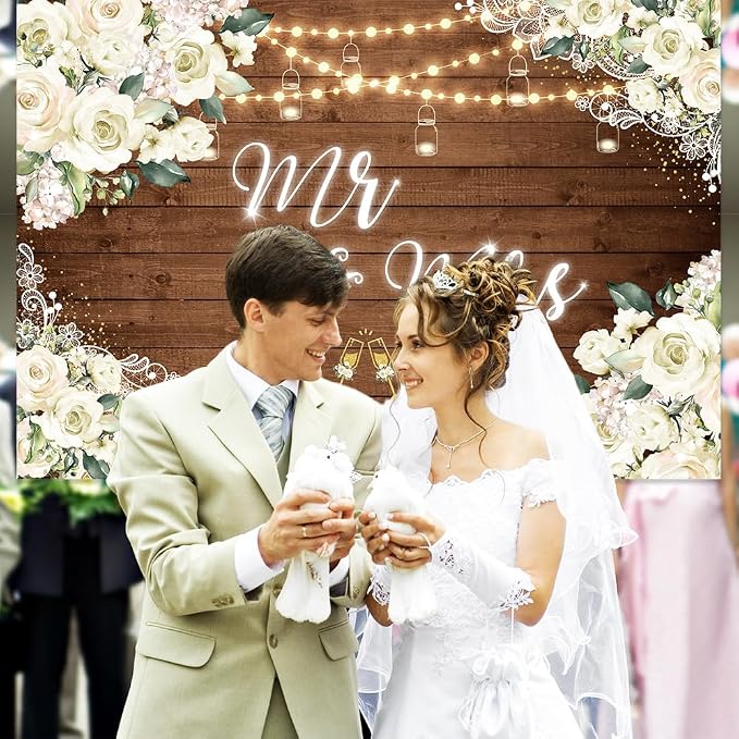 MEHOFOND 8x6ft Mr and Mrs Bridal Shower Backdrop Wedding Decorations Rustic - Image 4