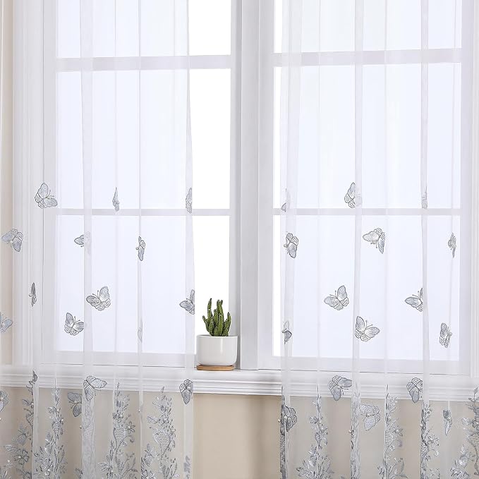 White Sheer Voile Curtains Blue Embossed Butterflies 54Wx72L Inch | Light - Image 3