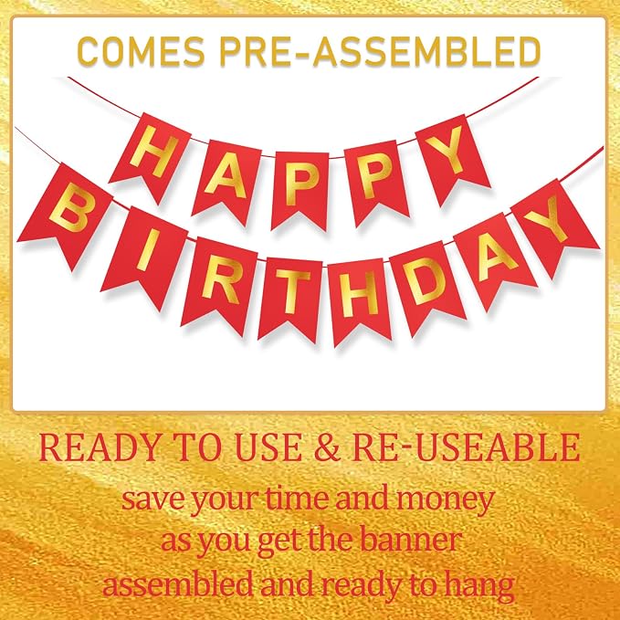 Red Happy Birthday Banner - 16 ft Pre-Strung Gold & Red Birthday Party - Image 4