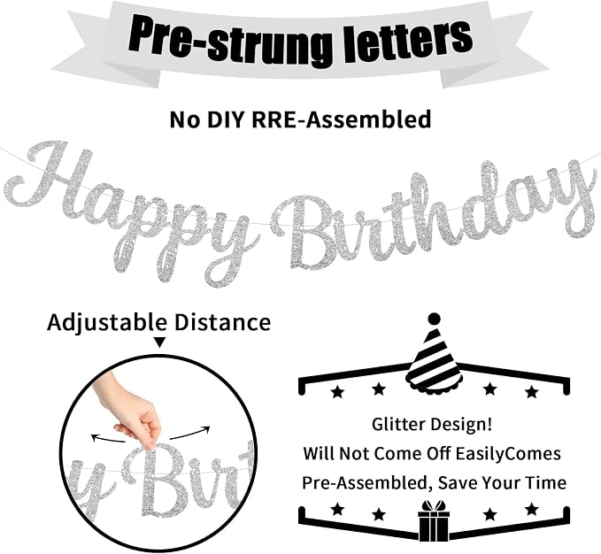 Silver Happy Birthday Banner, Pre-Strung Glitter Silver Birthday Sign, 10 Feet - Image 2