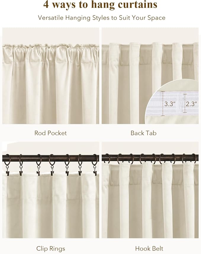 Ivory White Velvet Curtains for Nursery Back Tab, W52 x L90, Back tab Drapes - Image 2