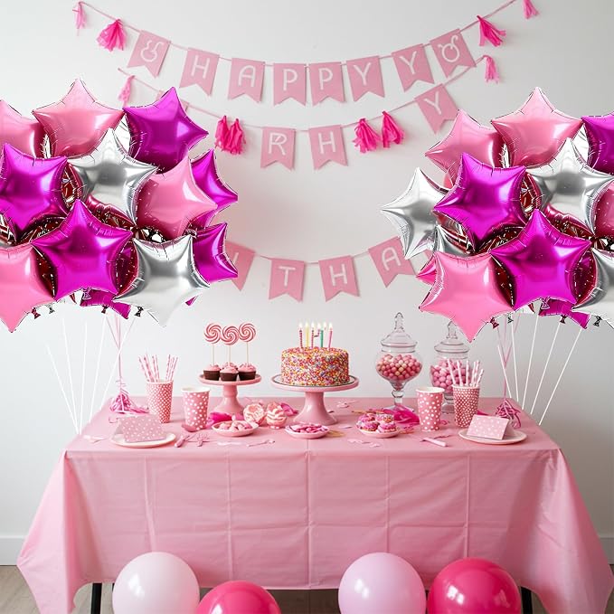 TONIFUL 15Pcs Star Balloons 18Inch Large Hot Pink Silver Pink Foil Balloons | - Image 3