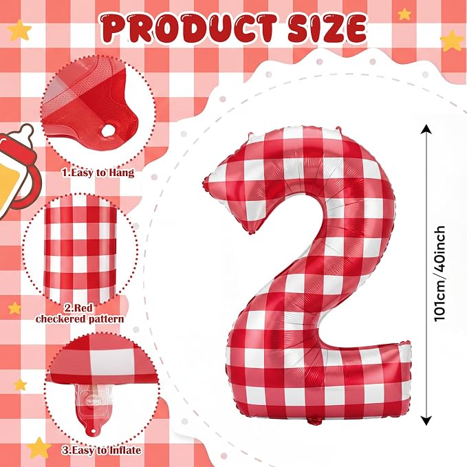 Jenaai 40 Inch Gingham 2nd Balloon Large Number 2 Plaid Balloons - Image 2