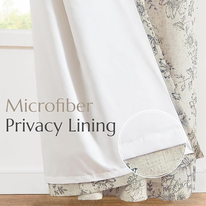 jinchan Gray Floral Linen Curtains Lined 63 Inch Vintage Back Tab 2 Panels | - Image 5