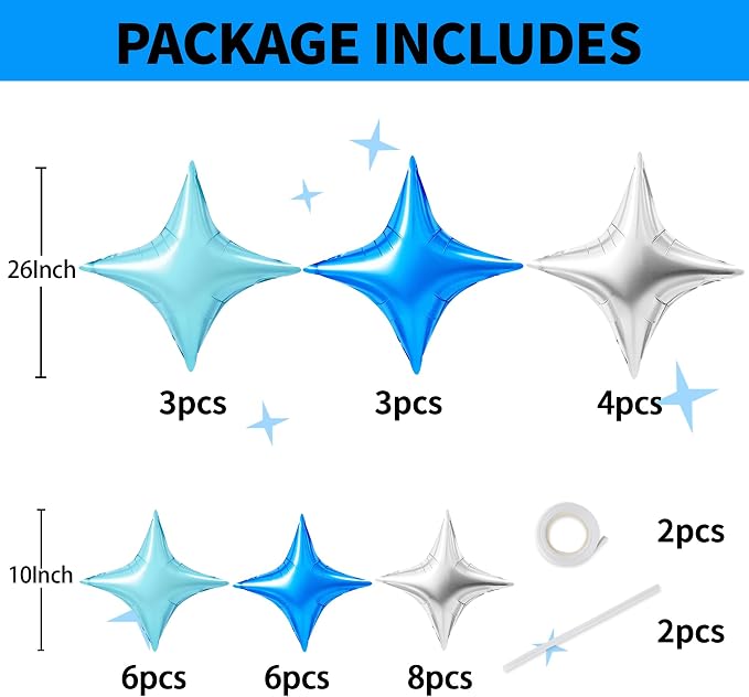 TONIFUL 30 Pcs Four Pointed Star Balloon 26In&10In Silver Blue Foil Balloon | - Image 2