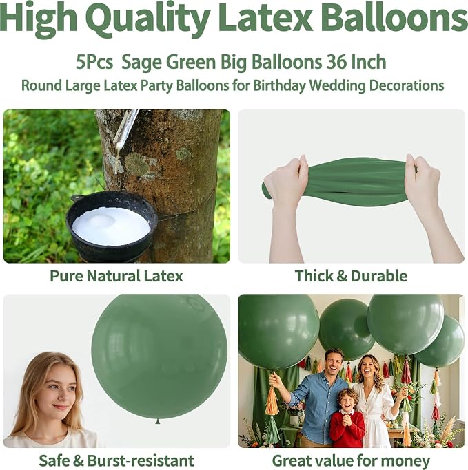 5Pcs Sage Green Big Balloons 36 Inch, Round Large Latex Party Balloons - Image 2