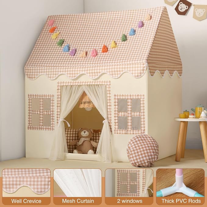 Kids Play Tent Indoor: with Brown Checkered, Rainbow Tissue Garland - Image 5