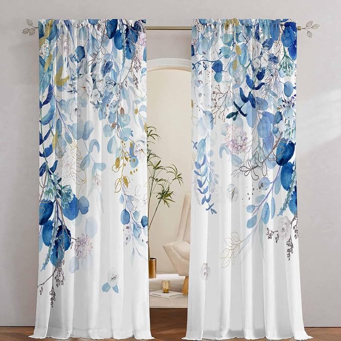 Blue Eucalyptus Curtains for Living Room 84" Length Watercolor Leaf Plant - Image 2
