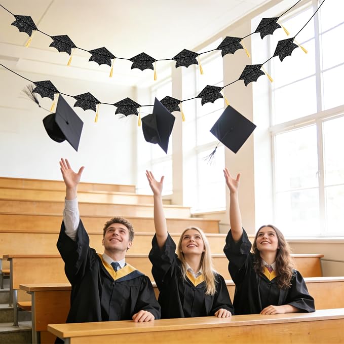 jijAcraft Black Graduation Cap Banner, Double-Sided Glitter Grad Garland - Image 4