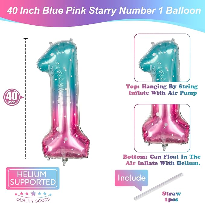40 Inch Blue Pink Number 1 Balloon - Image 2