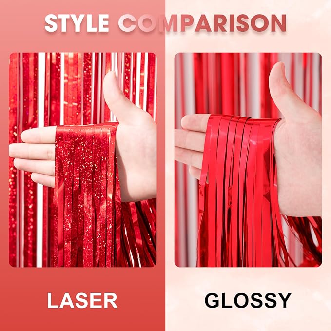Voircoloria Laser Red Foil Fringe Backdrop Curtains, 3 Pack | Tinsel Streamers - Image 3