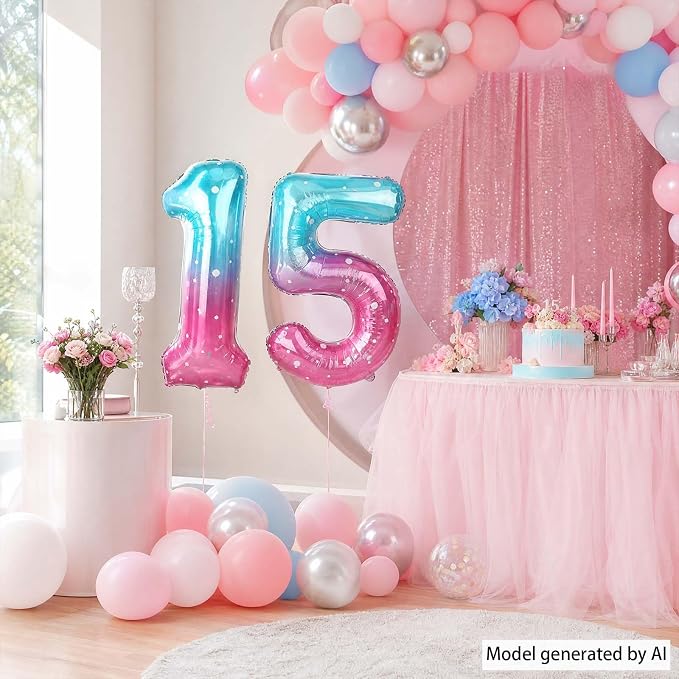 40 Inch Blue Pink Number 15 Balloon, Quinceanera & 15th Birthday Decor | 40in - Image 3
