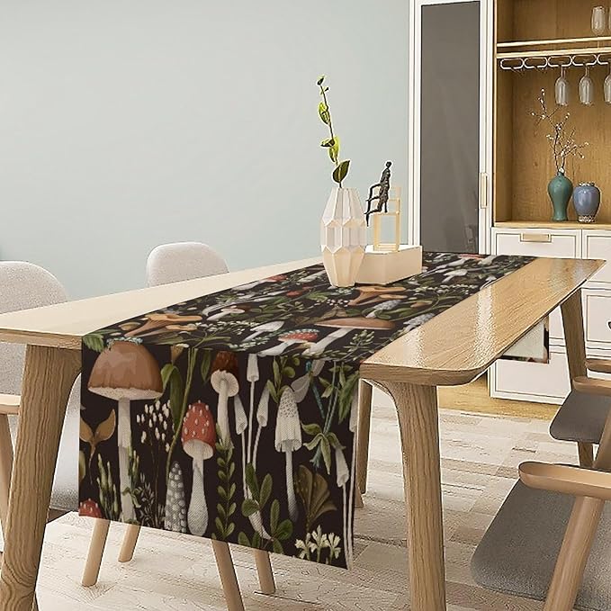 Mushroom Table Runner,Retro Forest Wildflower Botanical Plants Flower Art Pattern Print Burlap Hotel Indoors Outdoor Dining Room Kitchen Holiday Party, 13x90in