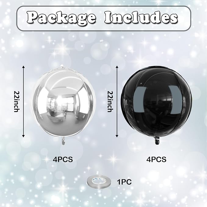 8 Pcs Black Silver Round Foil Balloons Metallic Silver Black 4D Ball Balloon - Image 2