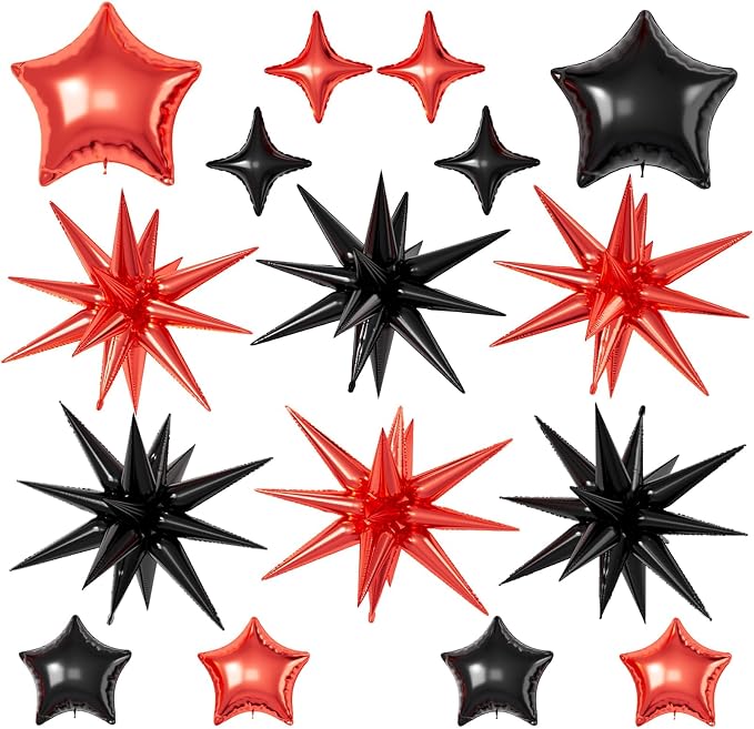Red Black Star Balloons, 22/18/10 Inch Foil Balloons, Explosion Conee by Sowide