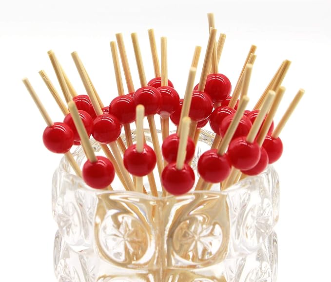 Minisland Red Pearl Bamboo Cocktail Picks, Decorative Appetizer Toothpicks | - Image 3