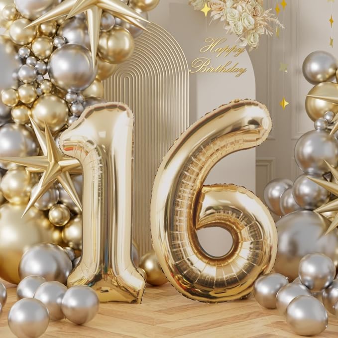 AULE 40 Inch Light Gold 16 Balloon Number Foil 0-9 Birthday Big Numbers | - Image 2