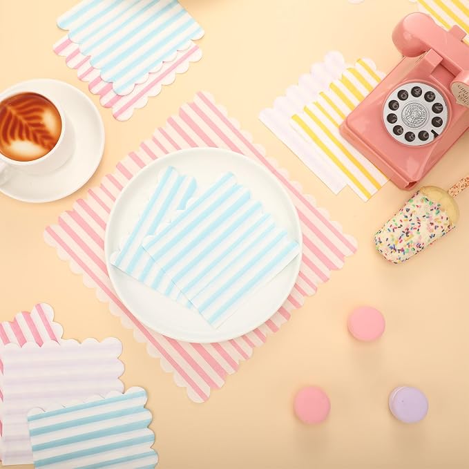 Tenceur 100 Pack Scalloped Pastel Napkins Mixed Stripe Ice Cream 5 x 5 Inch - Image 5