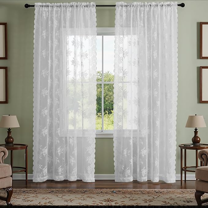 Kotile White Lace Curtains for Living Room Floral 52 x 84 Inch, 2 Panels | Rod - Image 2