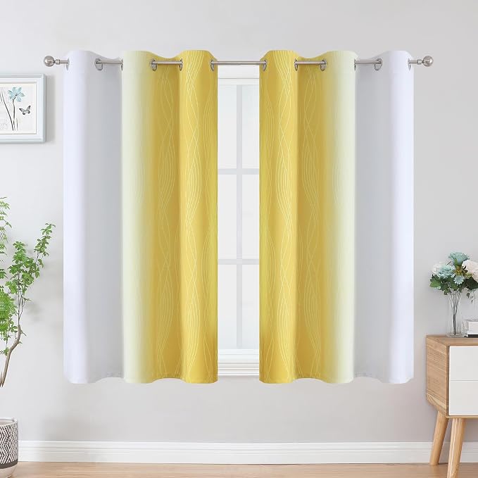 Yellow and Greyish White Ombre Blackout Curtains 45 Inch Length 2 Panels - Image 2