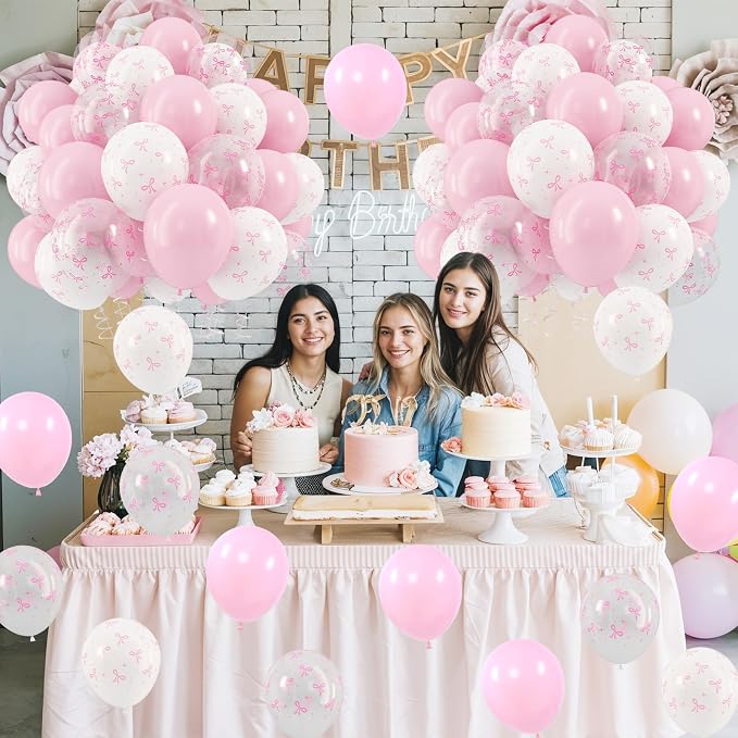 HILAVO Pink Bow Balloons, 12 Inch Pastel Light Pink Transparent White Bow Print - Image 6