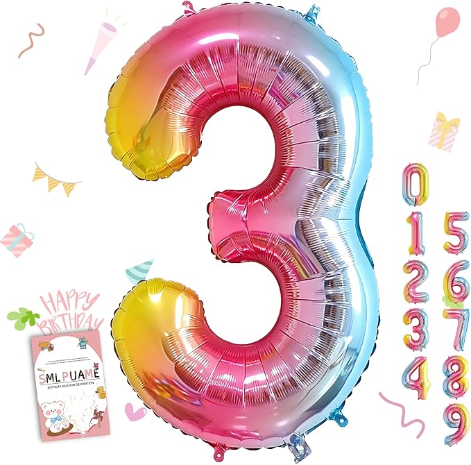 40 Inch Number Balloons 0-9 Rainbow Gradient Large Number 3 Balloons, Digital by Smlpuame