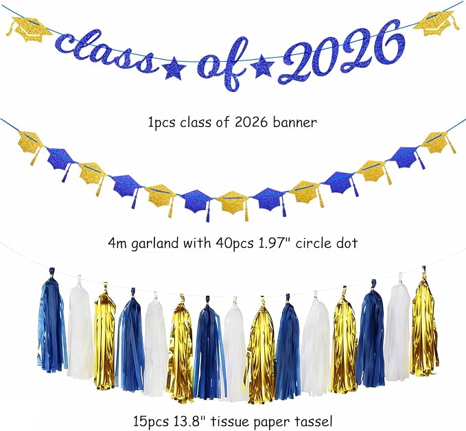 Navy-Blue White Gold Graduation Party-Decorations Garland - Image 2
