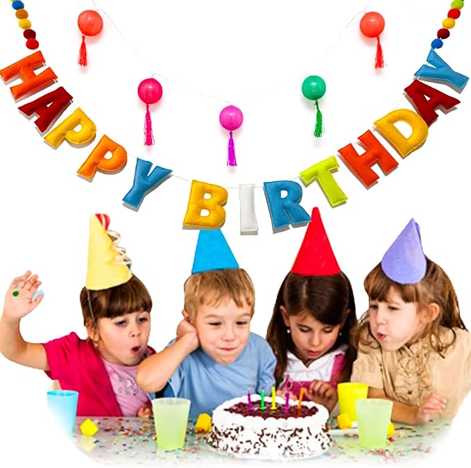Pre-Strung Reusable 3D Happy Birthday Banner Sign, Rainbow Felt Ball Garland | - Image 5