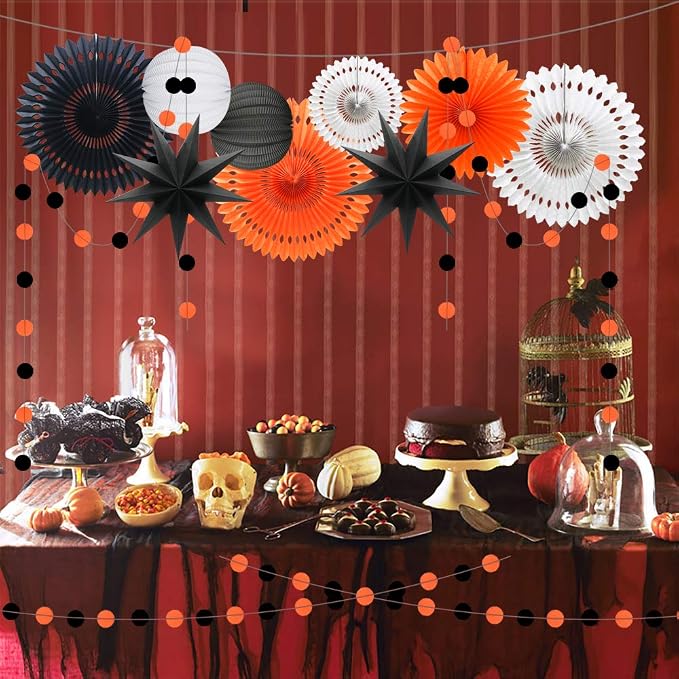 Orange White Black Halloween Decorations, Hanging Tissue Paper Fans Circle - Image 6